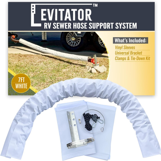 Levitator RV sewer hose support kit holding a sewer hose abo