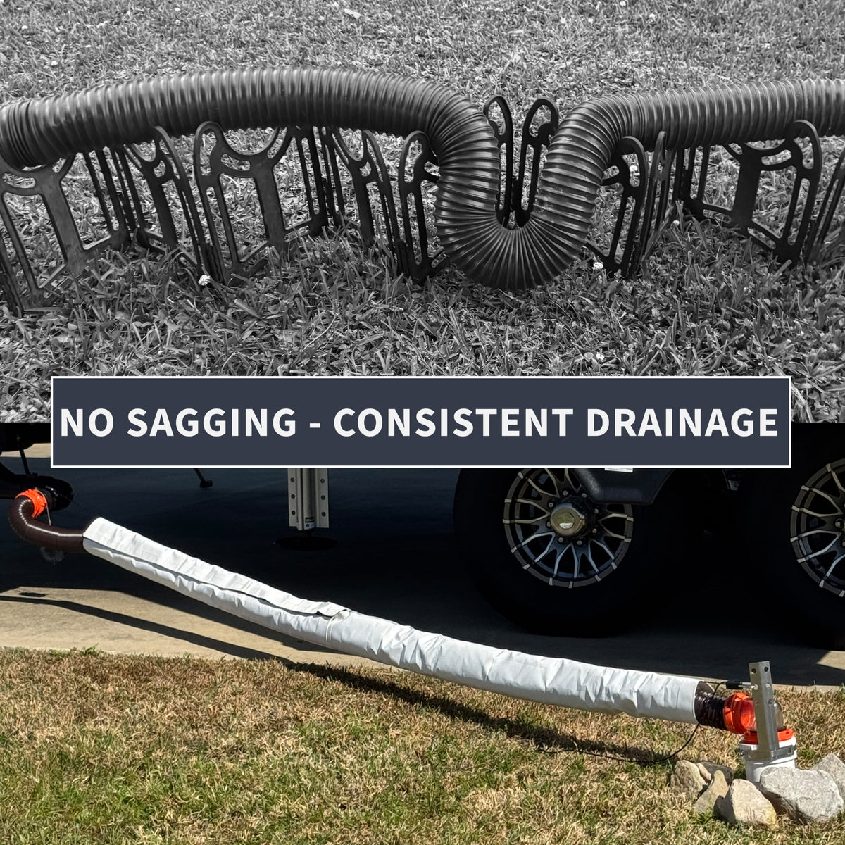 Levitator keeps the RV sewer hose sloped for consistent drai