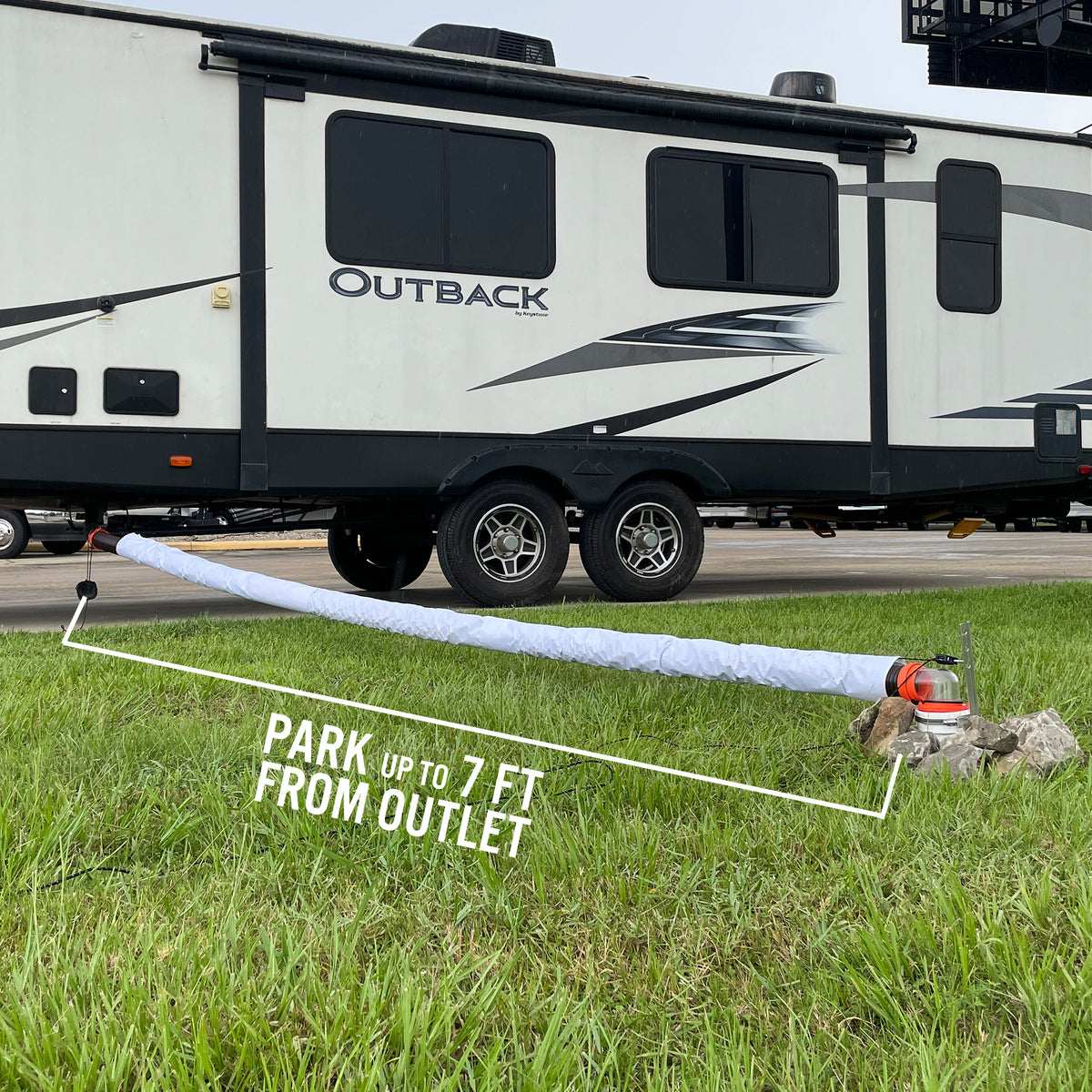 Levitator 7 ft RV sewer hose support in use at a campsite