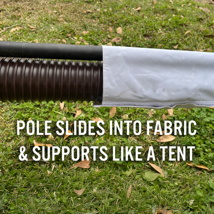 Pole slides into the fabric sleeve and supports the hose like a tent
